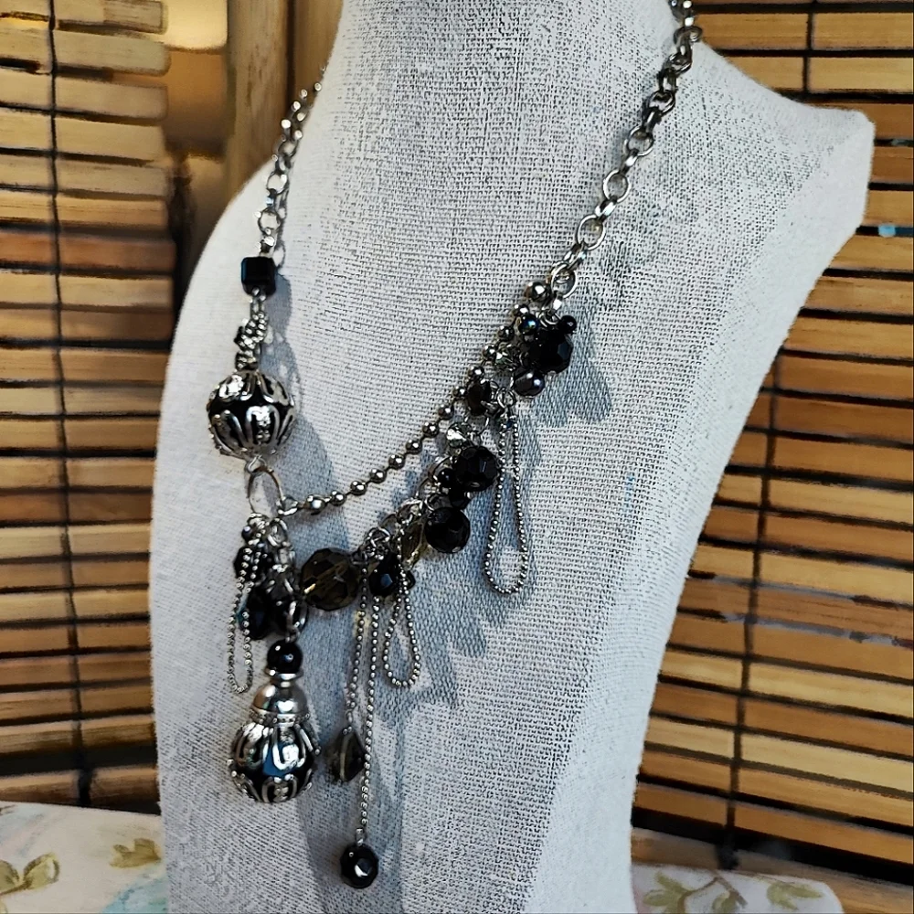 Silver Tone Ball Chain Asymmetrical Black Glass Oil Slick Big Bell Cap Necklace